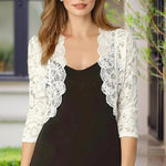Women's Solid Color Cropped Lace Cardigan - Summer Fashion Medium-Long Sleeve Open Front Top EX-STOCK