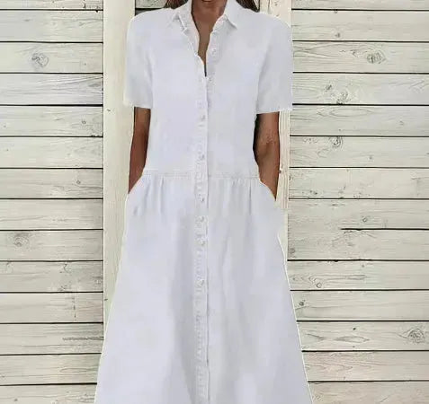Women's European And American Lapel Casual loose button down Midi Denim jeans Mum Dress - EX-STOCK CANADA