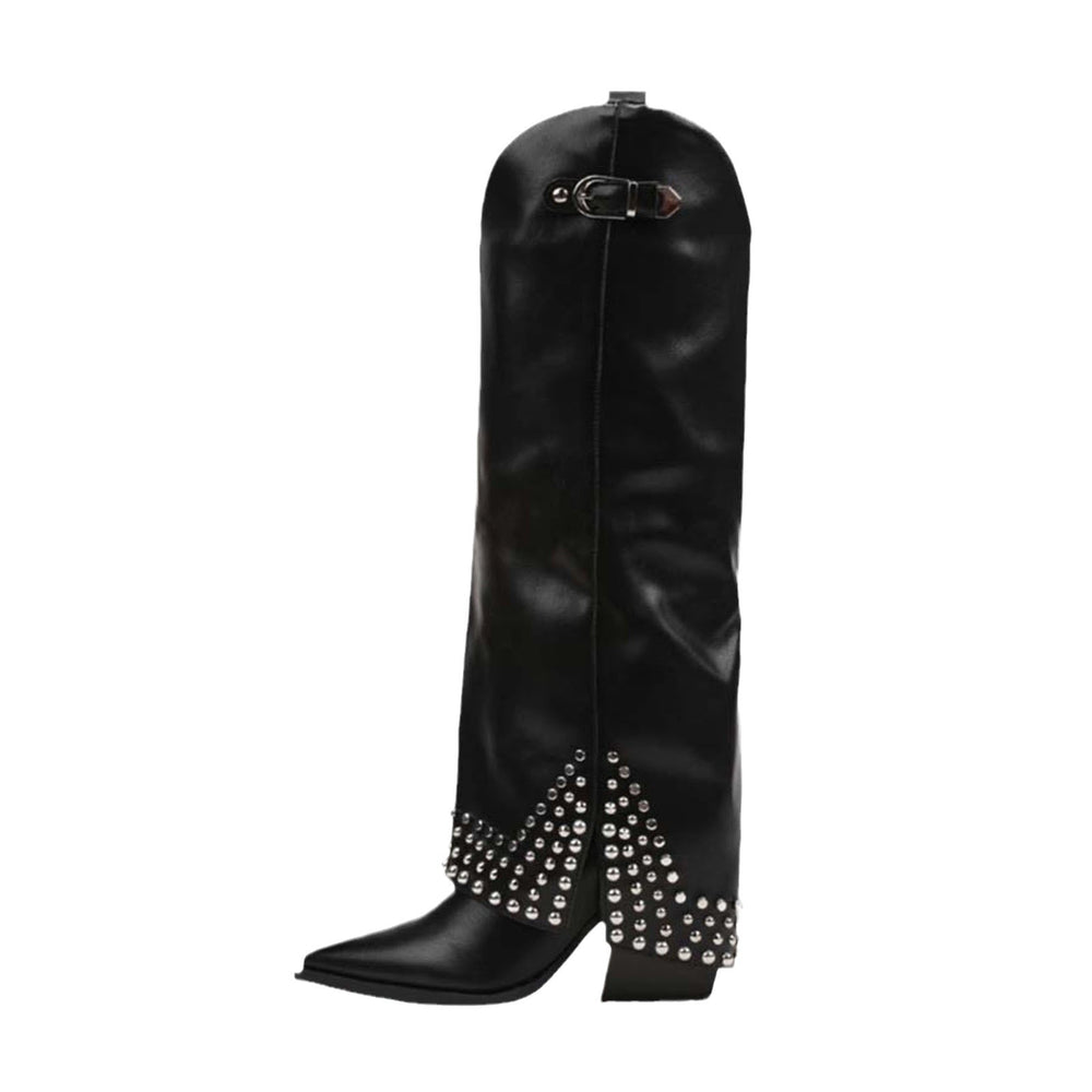 A single black leather knee-high boot with pointed toe, block heel, and silver rhinestone studded details along the lower shaft and toe area, shown against a plain white background.