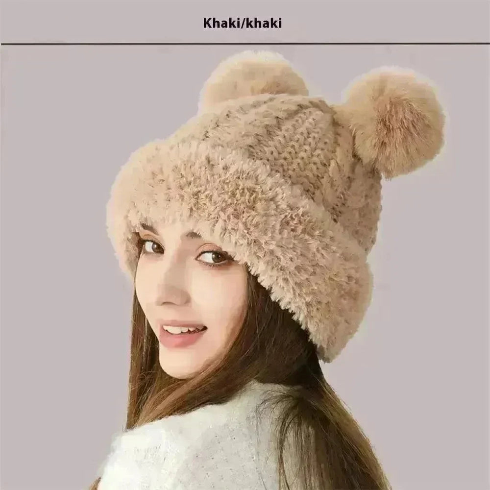 Women Winter Cute Fur Ball Knitted Beanie Hat Outdoor - EX-STOCK CANADA
