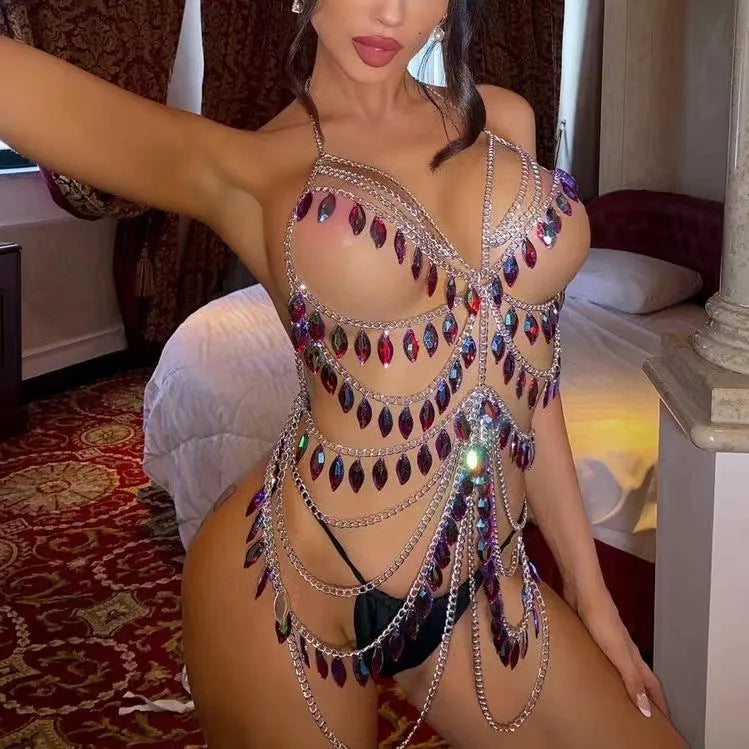 Nightclub Party Colorful  Crystal Body Chains for Stripers Lingerie Accessory