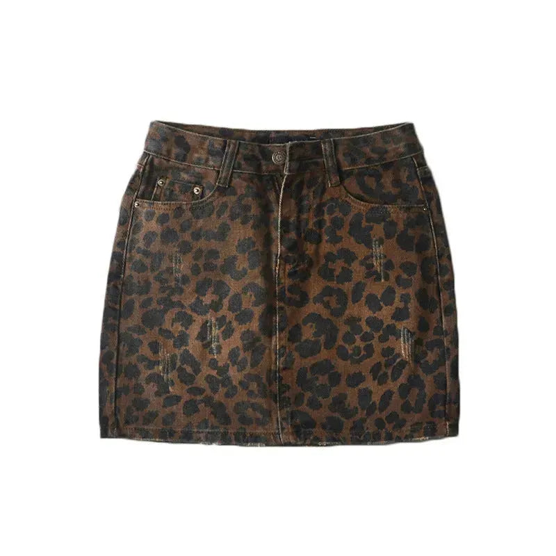 Leopard Print Mini Denim Skirt Women's High Waist Pencil Skirt - EX-STOCK CANADA