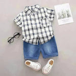 Children's Striped Shirt Denim Shorts Two-piece Set