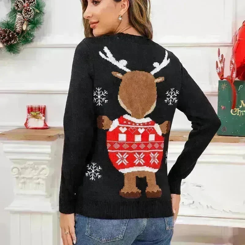 Funny Deer Christmas Sweater Round Neck Pullover Women - EX-STOCK CANADA