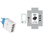 White USB charger with three ports and blue plug, next to packaging on a white background