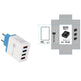 White USB charger with three ports and blue plug, next to packaging on a white background