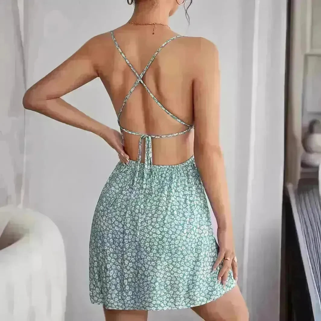 Women Fashion Printed Casual Spaghetti Strap Backless Mini Skater Dress - EX-STOCK CANADA