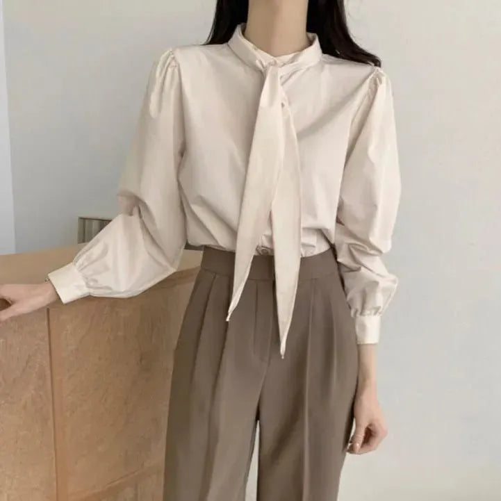 Spring New Gentle Lace-up Bow Tie Design Puff Sleeve Solid Color Shirt For Women - EX-STOCK CANADA