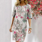 Vintage Dress Women Summer Floral Leaf Print Slit Round Neck Half Sleeve Dresses - EX-STOCK CANADA
