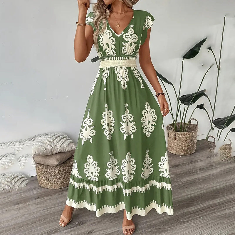 Women's Summer Flowy Maxi Dress Casual Cap Sleeve V Neck Smocked Waist Beach Sundress EX-STOCK