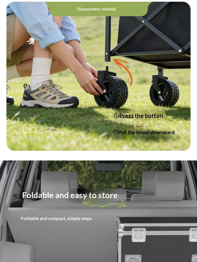 A two-panel product explainer showing how to disassemble and store a folding stroller/waggon. The top panel shows a person outdoors lowering a wheel with text instructions 'Press the button' and 'Pull the wheel downward.