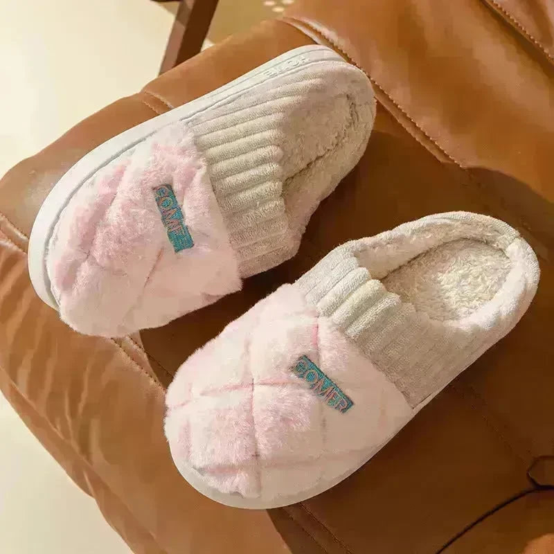 Solid Rhombic Letter Home Slippers Winter Warm Non-slip Floor Bedroom Plush Slipper For Couple House Shoes Women Men - EX-STOCK CANADA