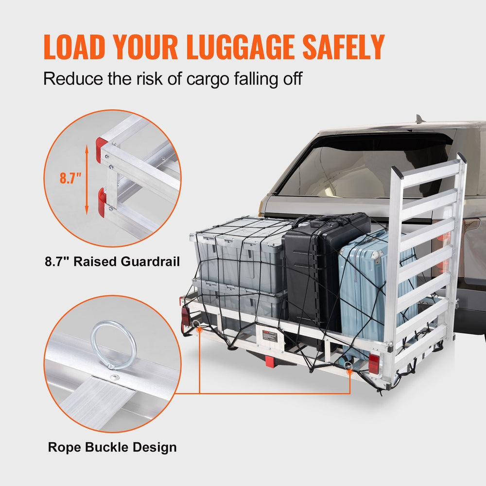 Hitch Cargo Carrier, 500lbs Capacity Trailer Hitch Mounted Cargo Basket, Aluminum Luggage Carrier Rack With Folding Ramp, Fits 2 Hitch Receiver For SUV Truck Pickup Camping EX-STOCK