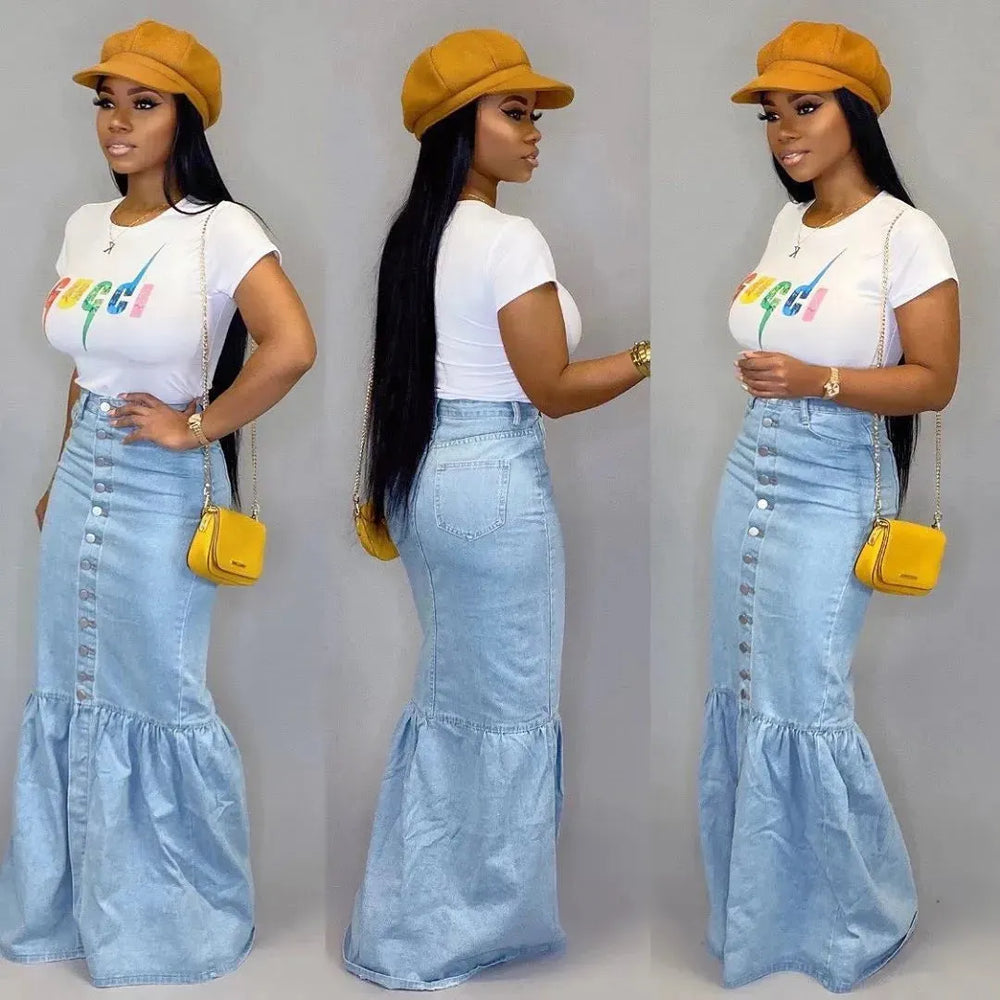 Women's Slim-fit Peplum Patchwork Long Denim Skirt fish tail style Jeans Skirt - EX-STOCK CANADA