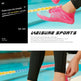 A pair of bright pink and light blue athletic sneakers shown on a person near a swimming pool, with one shoe being worn and the other being adjusted. The image includes promotional text and a black sidebar.