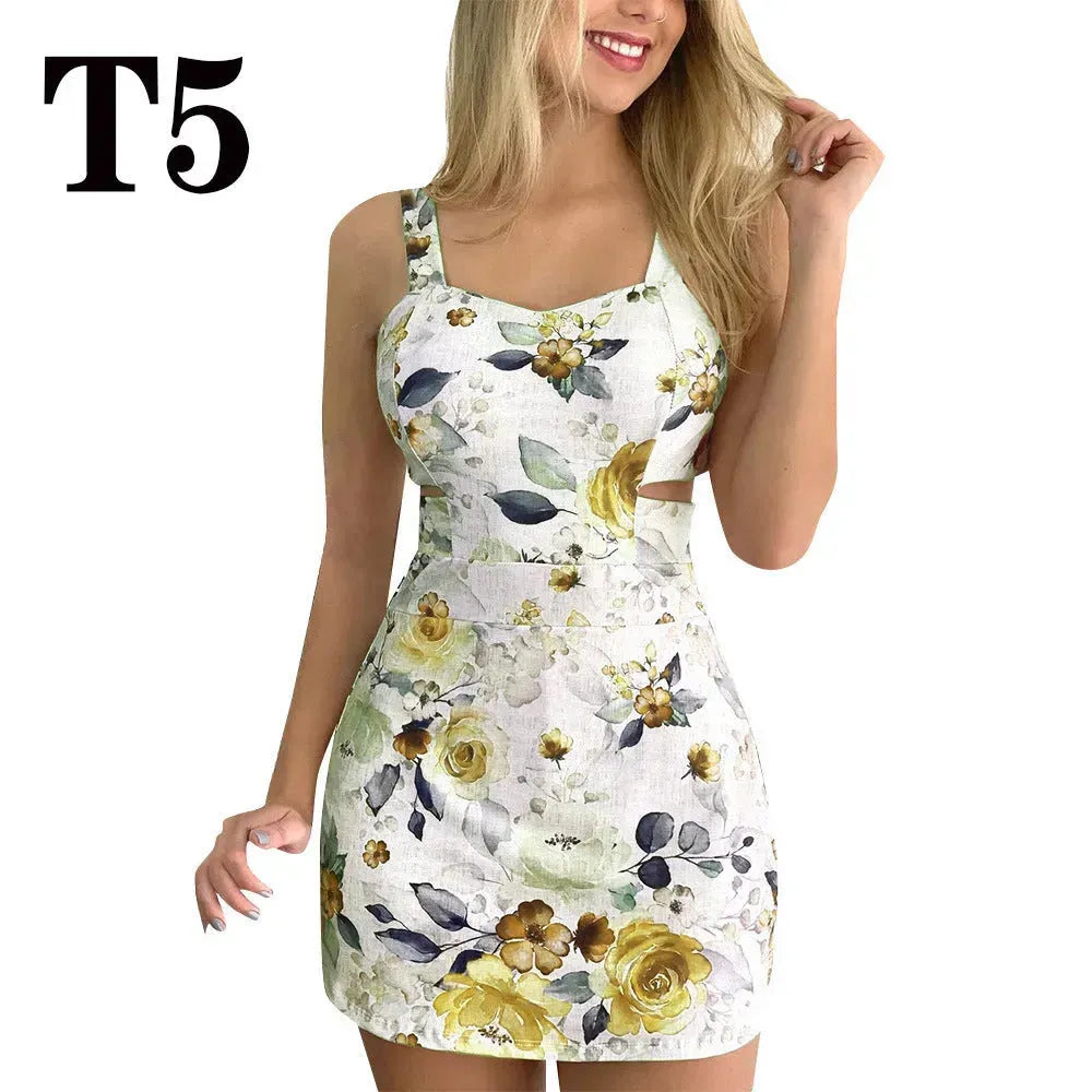 High Waist Women Dresses Spring And Summer Spaghetti Strap Large Flower Print Skirt - EX-STOCK CANADA