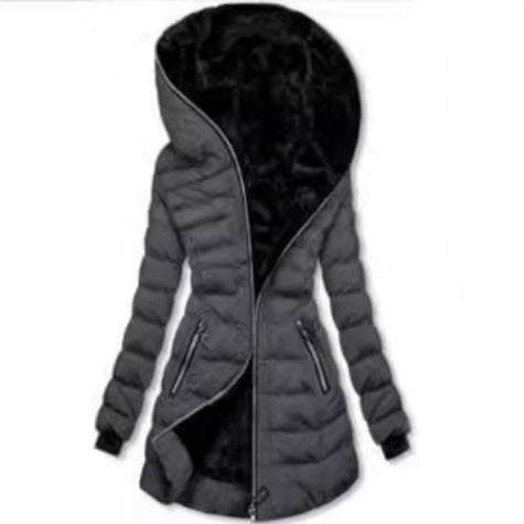 Hooded Warm Fleece Padded Jacket Mid-length Jacket Black Padded Jacket EX-STOCK