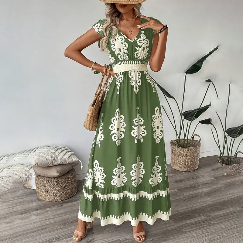 Women's Summer Flowy Maxi Dress Casual Cap Sleeve V Neck Smocked Waist Beach Sundress EX-STOCK