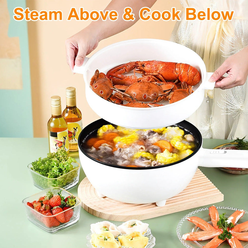 Electric Hot Pot Non-Stick Frying Pan Portable Rapid Noodles Cooker With Long Handle Steamer Spatula Dual Power Control Overheat Dry-Boil Protection For College Dorm Room Essential EX-STOCK