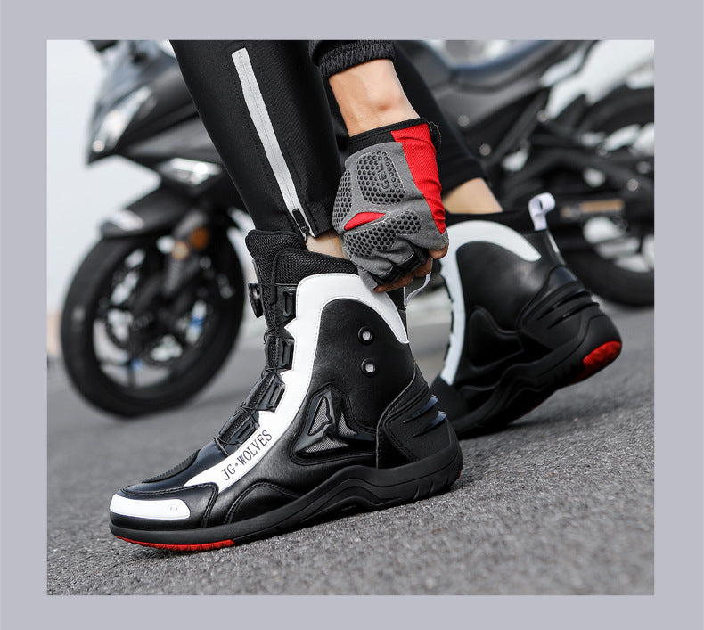 Motorcycle boots and gloves on a blurred motorcycle background