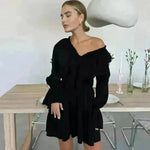 Casual Fashion V Neck Pleated Ruffle Long Sleeve Dress Y2K V Neck Flared Sleeve Short Mini Skater Dress Women's Clothing - EX-STOCK CANADA