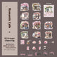 A package preview sheet for a set of romantic cafe-themed PET stickers. The sheet shows multiple illustrated sticker designs of café storefronts with pink flowers, small cafe accessories, and text stickers such as 'Romantic Cafe', 'No Talkie', 'Coffee Break', and 'Coffee moments'.