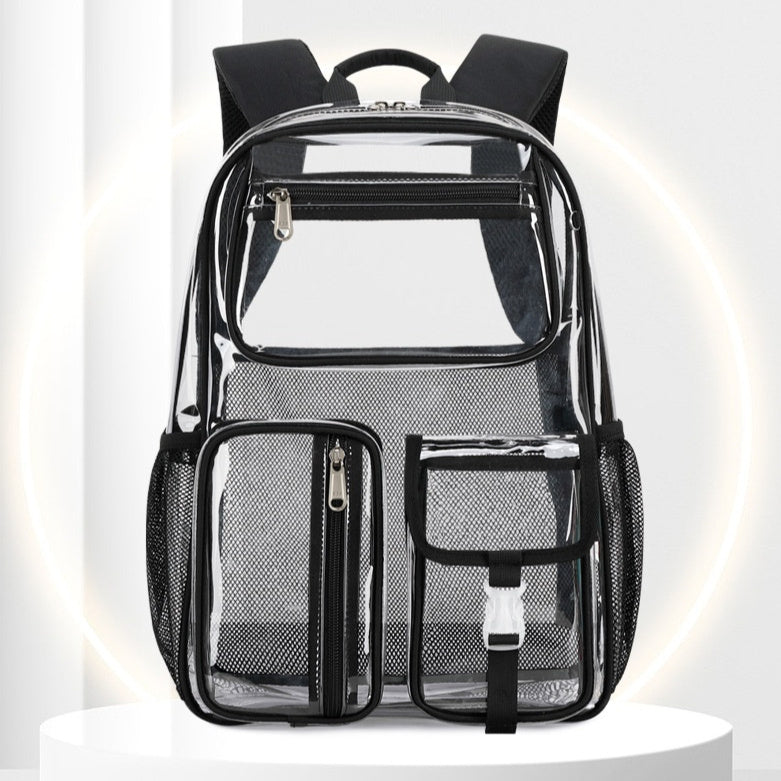 Clear backpack with black straps on a white background