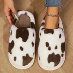 Lindas zapatillas de peluche manchadas de vaca invierno tibio cálido sin deslizamiento de la habitación del dormitorio fuzzy pareja para mujeres zapatos de casa