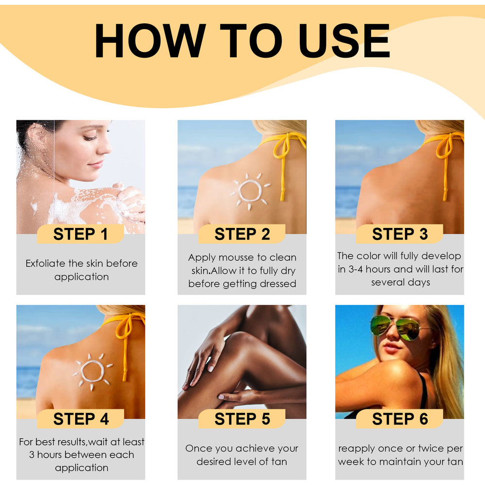 Step-by-step guide on how to use a tanning product with images and text.