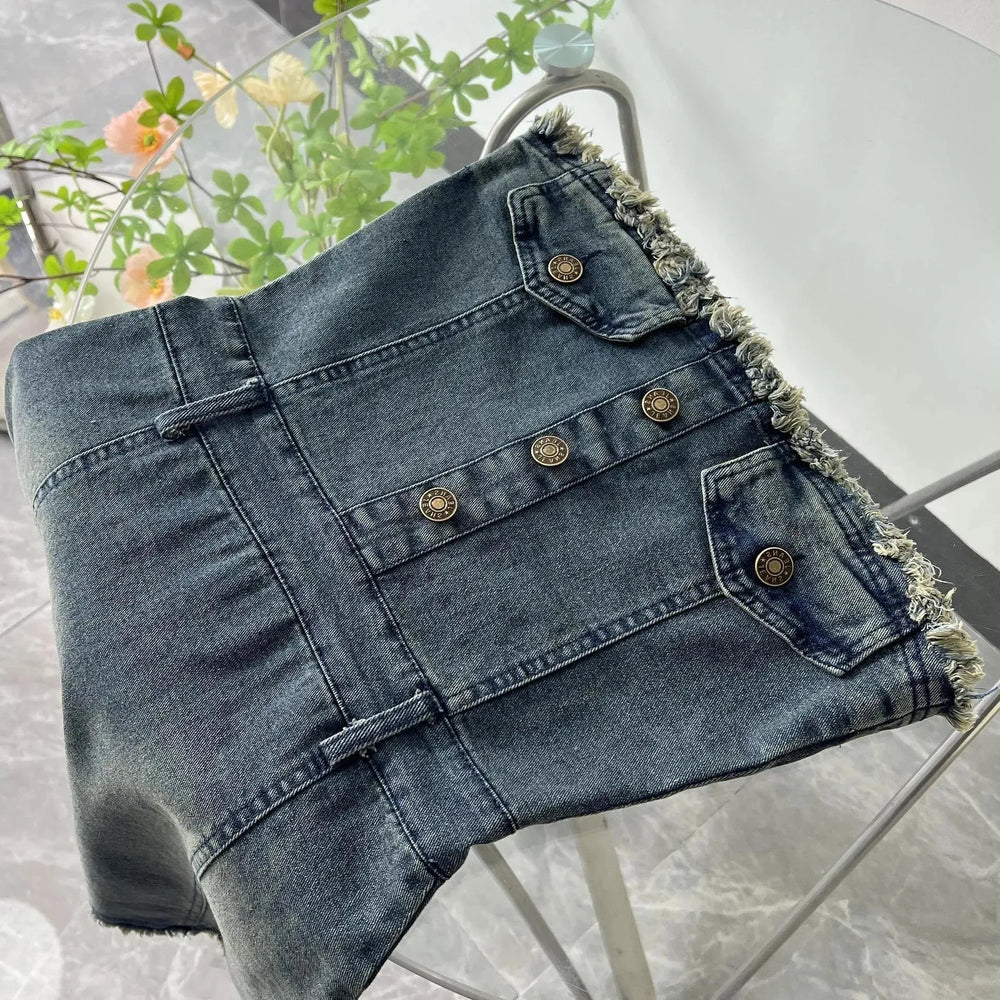 Design Waist-tight Tube Top Raw Edge Denim jeans mini club Dress - EX-STOCK CANADA
