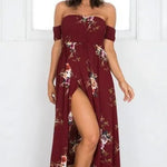 Elegant Ladies Summer Boho Vacation Resort Slit Maxi dress off shoulder Long floral Beach summer slit dress - EX-STOCK CANADA