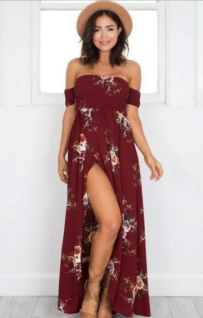 Elegant Ladies Summer Boho Vacation Resort Slit Maxi dress off shoulder Long floral Beach summer slit dress - EX-STOCK CANADA
