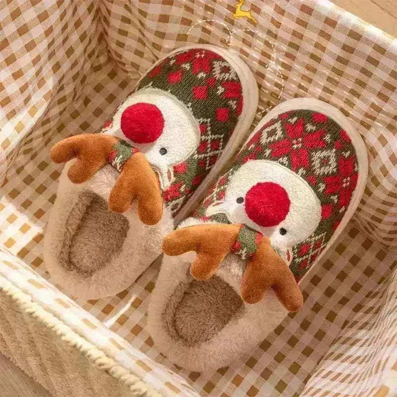 Cute Christmas Elk Plush Slippers Winter Ins Fashion Non-slip Floor Bedroom Home Slippers For Women Fuzzy House Shoes - EX-STOCK CANADA