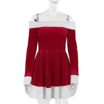 Women's Christmas Costume Santa Dress Plush Trim Boat-Neck Off-Shoulder Sleeve Dress New Year Party Cosplay Costume