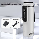 Insulin refrigerator cup with power adapter and car USB cable on a white background