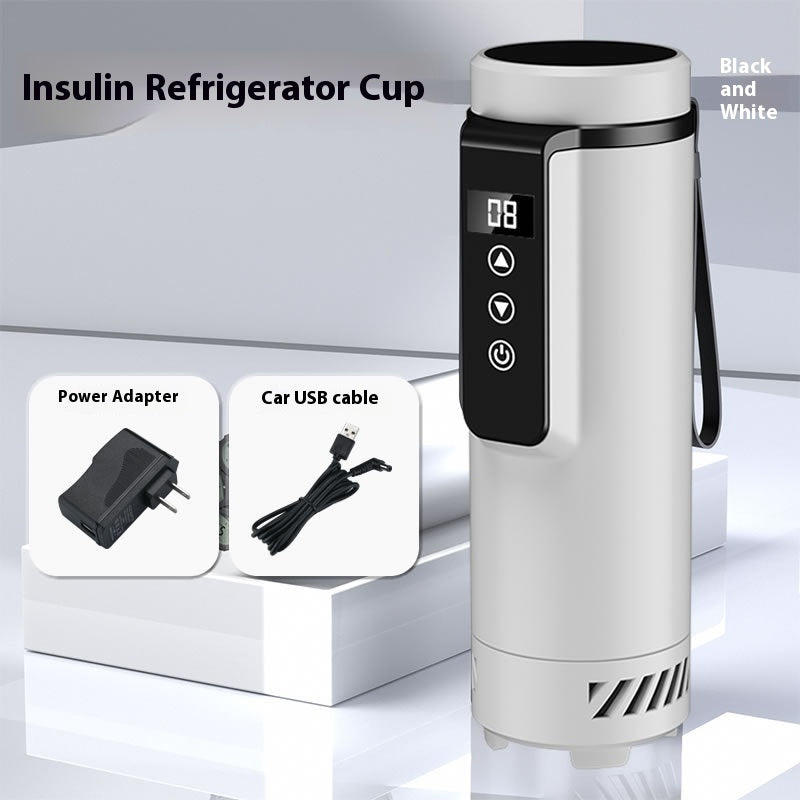 Insulin refrigerator cup with power adapter and car USB cable on a white background