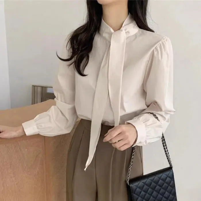 Spring New Gentle Lace-up Bow Tie Design Puff Sleeve Solid Color Shirt For Women - EX-STOCK CANADA