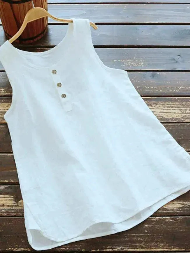 Solid Color Round Neck Loose Casual Vest Cotton Linen summer blouse top for Women - EX-STOCK CANADA