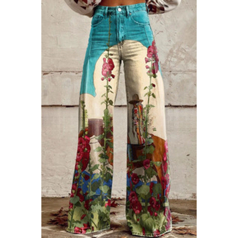 Thermal Transfer Bell-bottom Pants Simulation Denim Trousers Loose Pants 