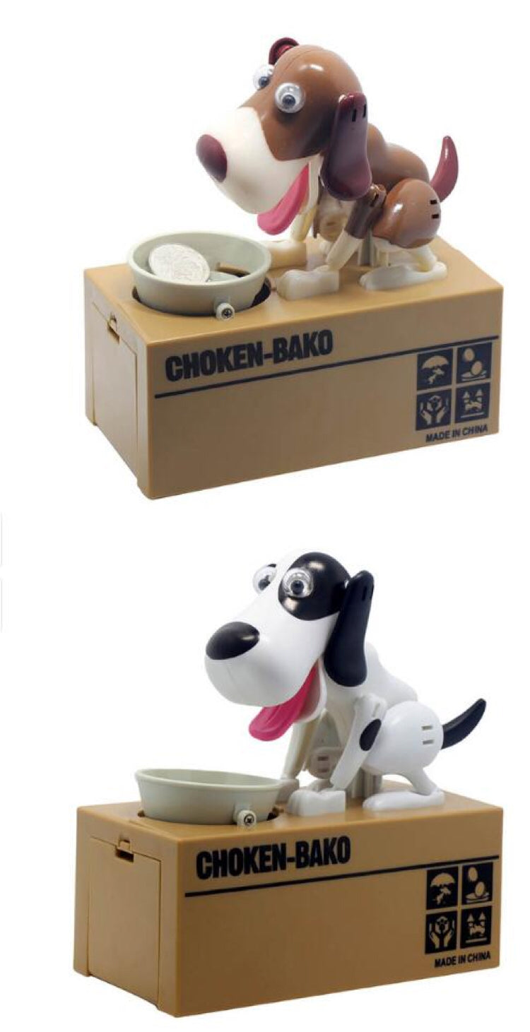 Two dog-shapediko toys on cardboard boxes with 'Choken-Bako' branding.