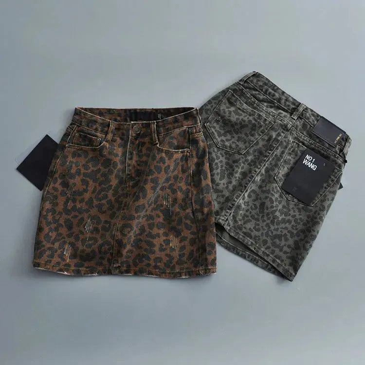 Leopard Print Mini Denim Skirt Women's High Waist Pencil Skirt - EX-STOCK CANADA