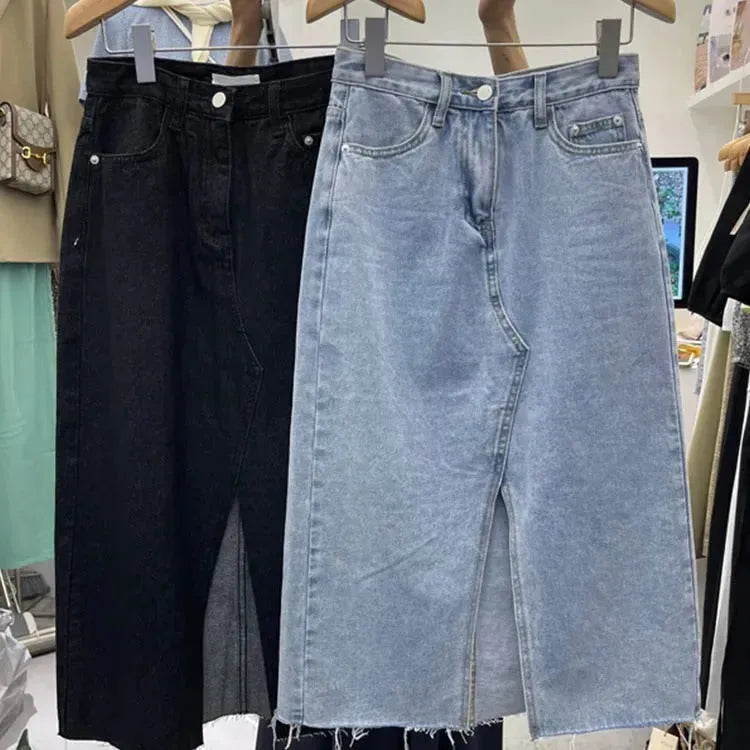 Casual Front Slit Dark Blue and Light Blue Denim Midi Skirt for women - EX-STOCK CANADA