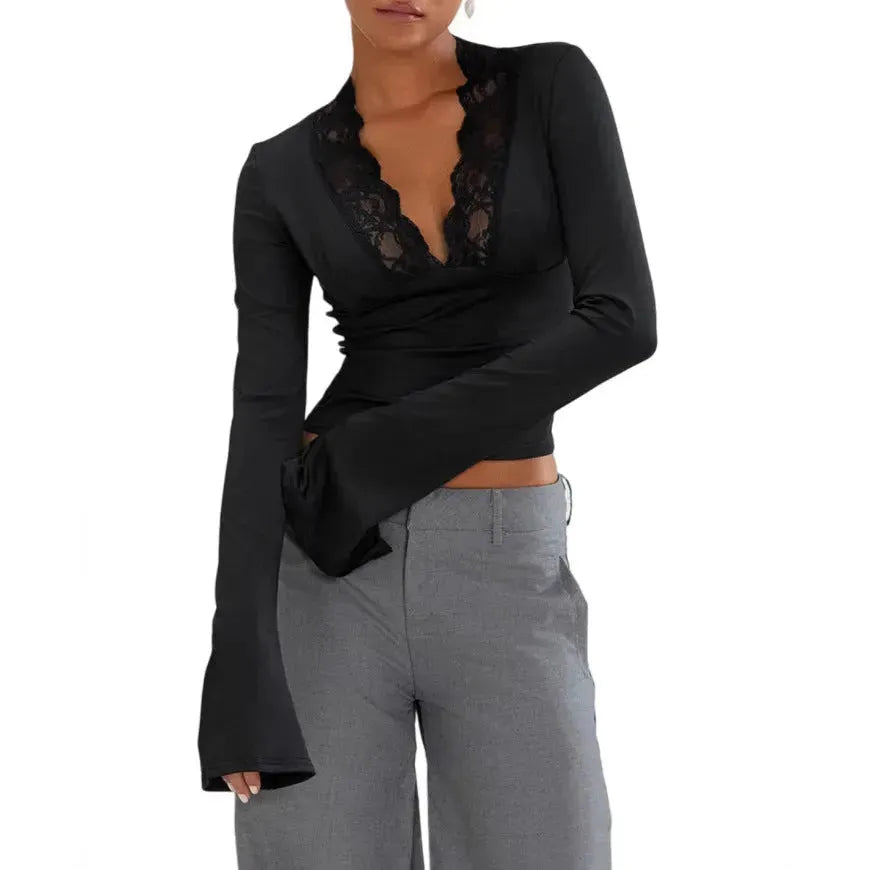Slim V-neck Lace Ins Fashion Trumpet Sleeve Long-sleeved tank Top Women Clothing - EX-STOCK CANADA
