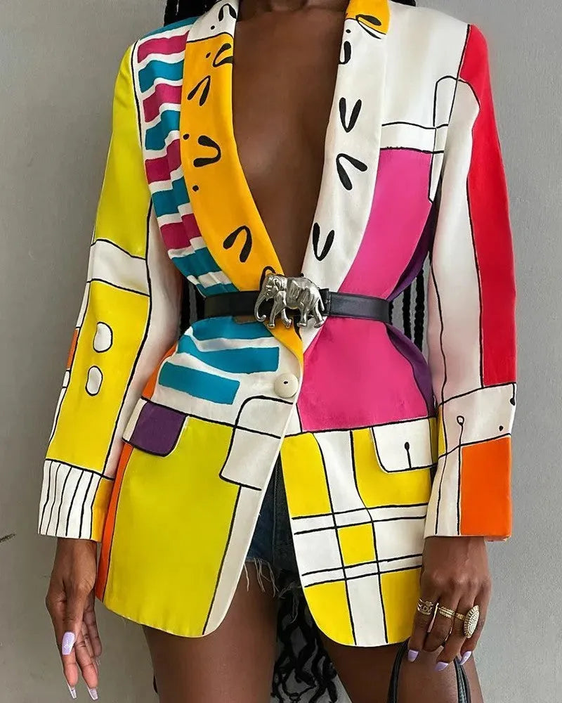 Fashion Printed Shawl Collar Single-breasted Belt Vintage Blazer Women - EX-STOCK CANADA