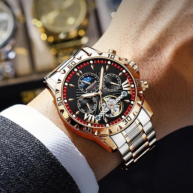 Luxury Automatic Men’s Watch – Gold Stainless Steel Skeleton Mechanical Wristwatch | EX-STOCK Canada 