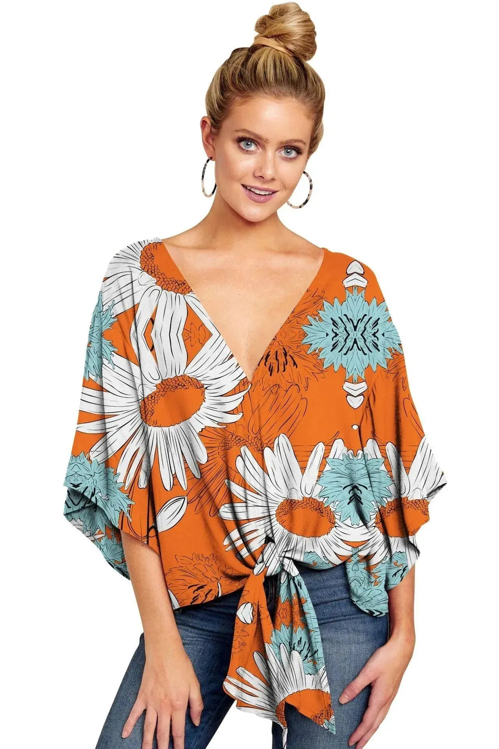 New V Neck Blouse Women Leopard Print Floral Tie Front Blouses Batwing Summer Oversize Ladies Tops - EX-STOCK CANADA
