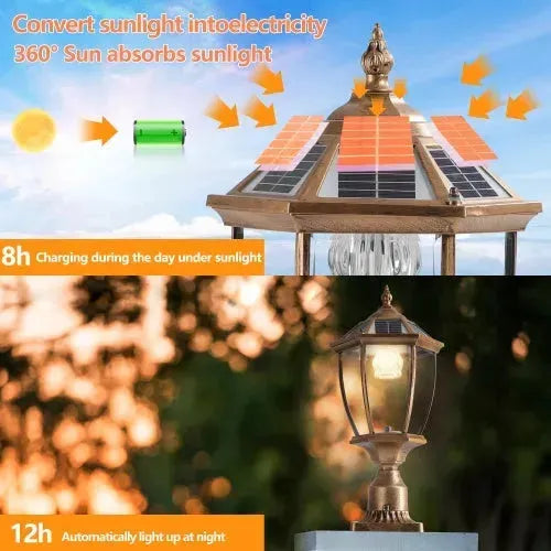 Vintage Gold Solar Pillar Headlight With Dimmable LED-2 Pack Landscape Pathway Light - EX-STOCK CANADA
