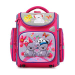 Pink children's backpack with cartoon characters on a white background