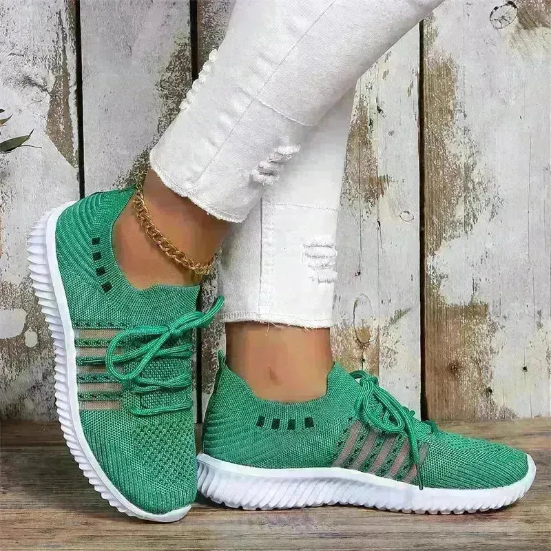 Casual Lace-up Mesh Sneakers Breathable Flying Woven Round Toe Walking Running Sports Shoes for Women - EX-STOCK CANADA