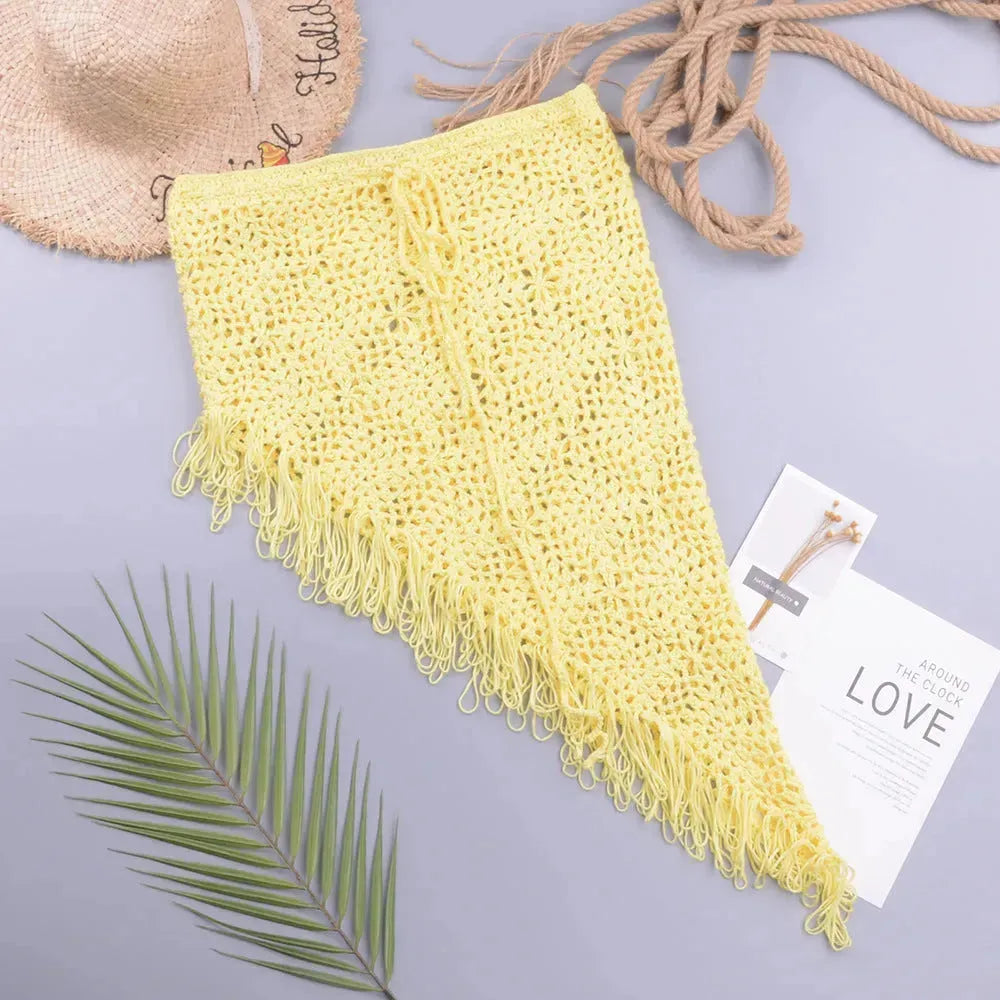 European And American Women's See Through Hollow Knitted tassel fringe Slant Beach Skirt - EX-STOCK CANADA
